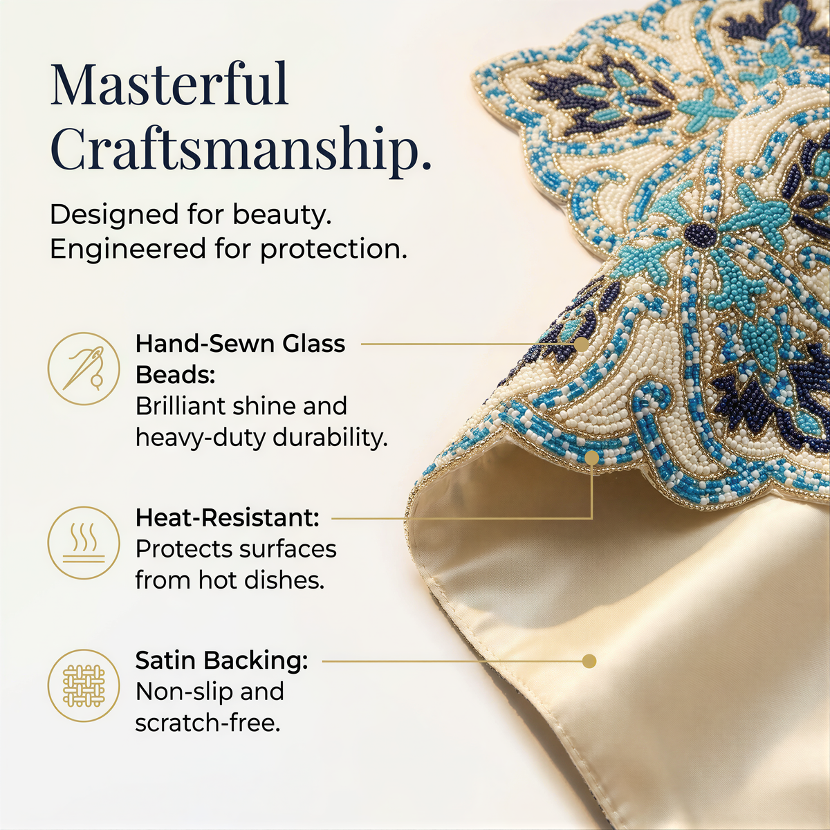The image is a close-up of a hand-sewn glass beaded table runner, highlighting its craftsmanship and features such as hand-sewn glass, brilliant shine and heavy-duty durability, heat-resistant protection, and satin backing.