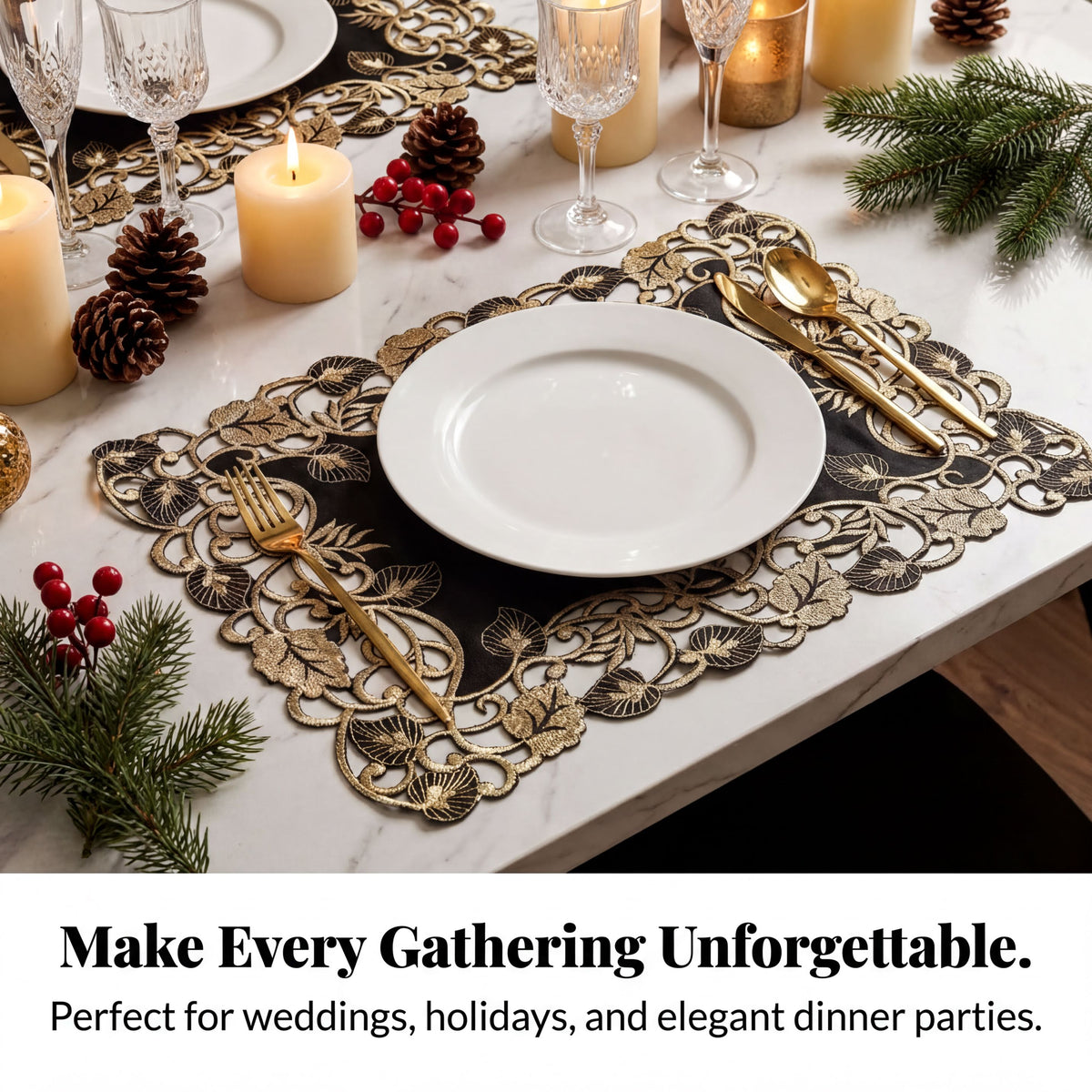 a beautifully set dining table with a white plate, gold-colored utensils, and a decorative place mat with a floral pattern. The table is adorned with pine cones, berries, and candles, creating a festive and elegant atmosphere.
