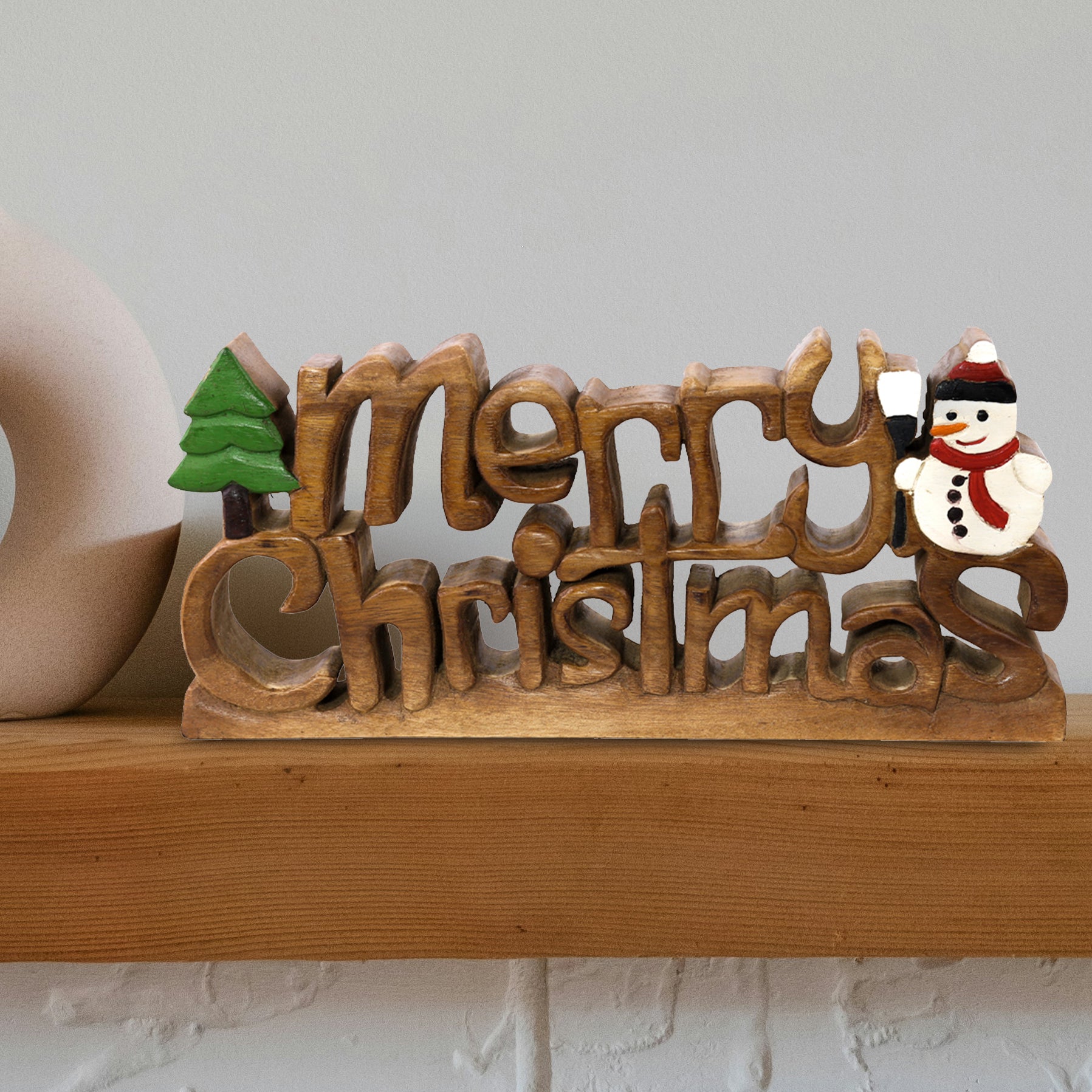 Merry Christmas Handmade Wooden Sculpture