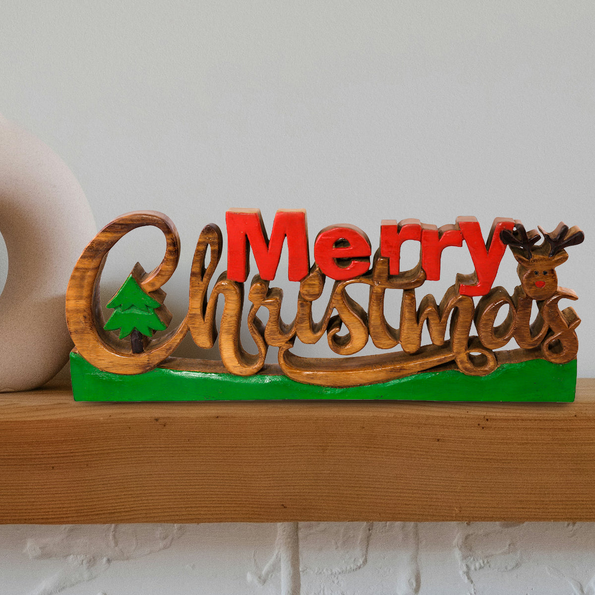 Merry Spirit – Hand-Carved Wooden Sculpture, Handmade Decorative Holiday Accent