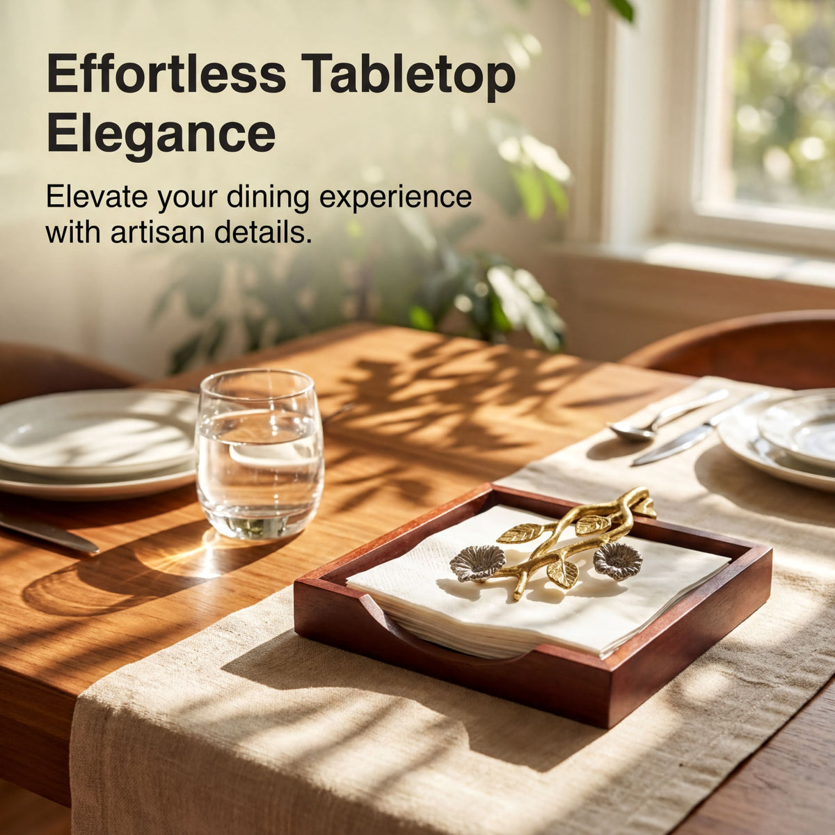 a wooden table with a glass of water, a set of silverware, and a decorative napkin holder with a floral design.