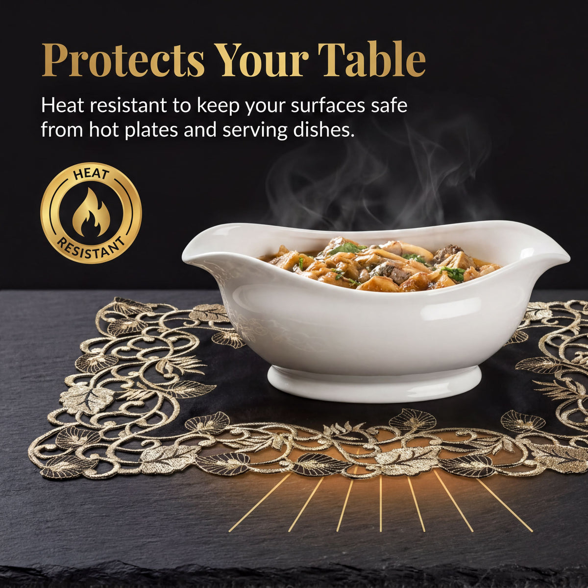 a white bowl filled with food placed on a decorative table runner, with steam rising from the bowl.