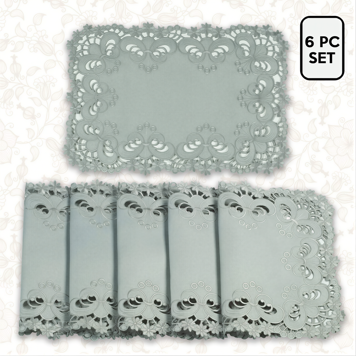 Set of six linen placemats from The Creola Collection featuring European embroidery, by FL3412-PM.