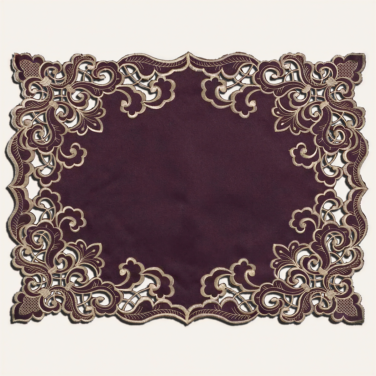 Set of four Amethyst Haze Plum Gold table placemats from RIZ-006-PM Granada Collection, artistic 12x18 inch dining décor.
