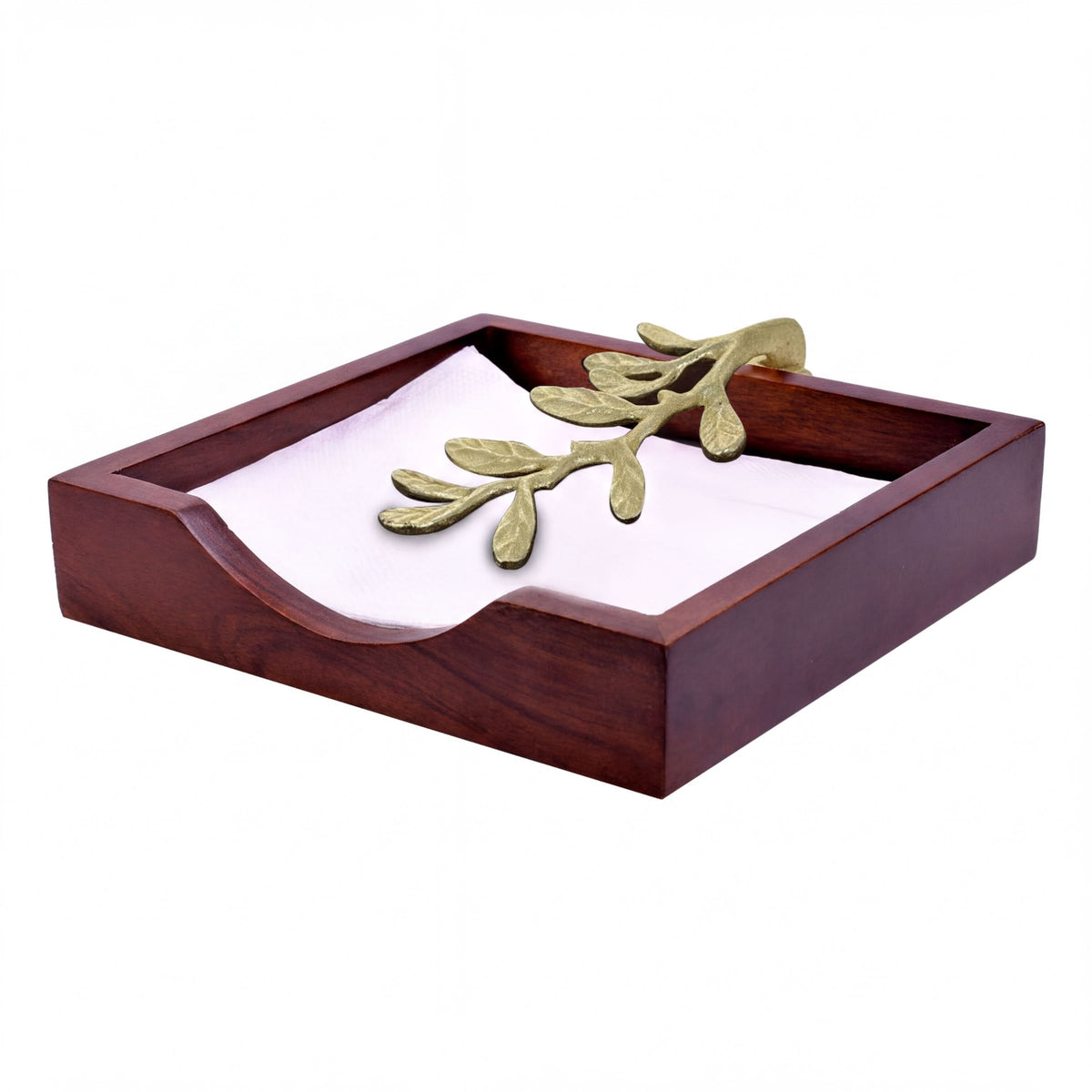 Solid wood napkin holder with gold finish ornament, stylish and functional napkin dispenser for table or countertop.