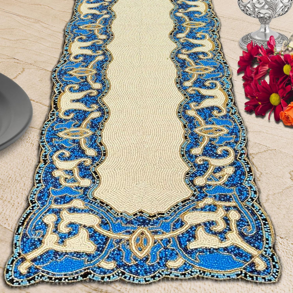 Beaded Table Runner - White Blue 54" x 13"