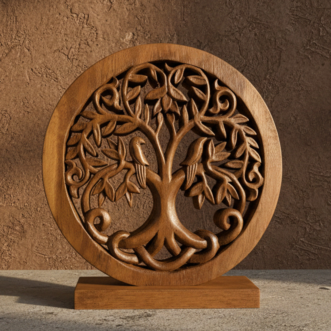 Large handmade Maple Grove Tree of Life wooden sculpture, detailed carved wooden décor piece for farmhouse style or gift.