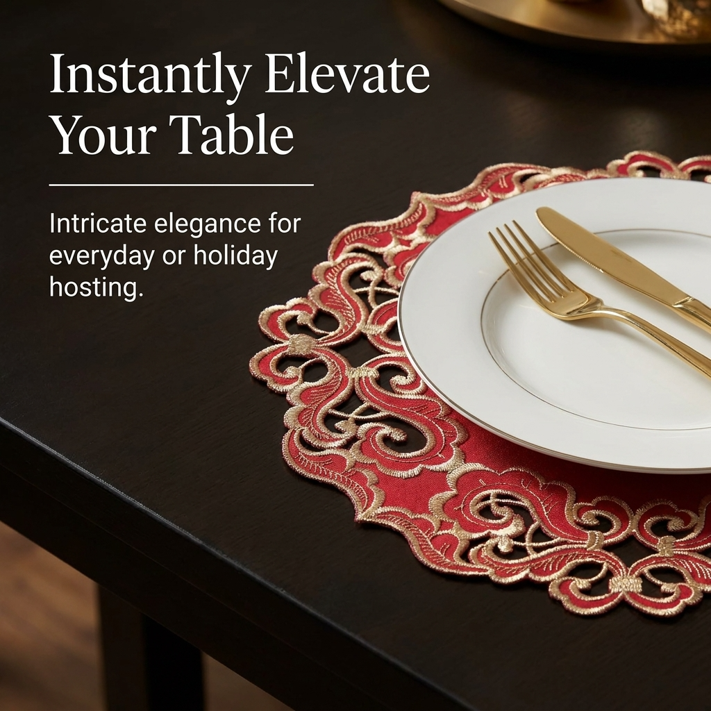 Crimson Glow burgundy and gold table doilies from RIZ-005-DL Granada Collection, 15-inch elegant home décor doilies.