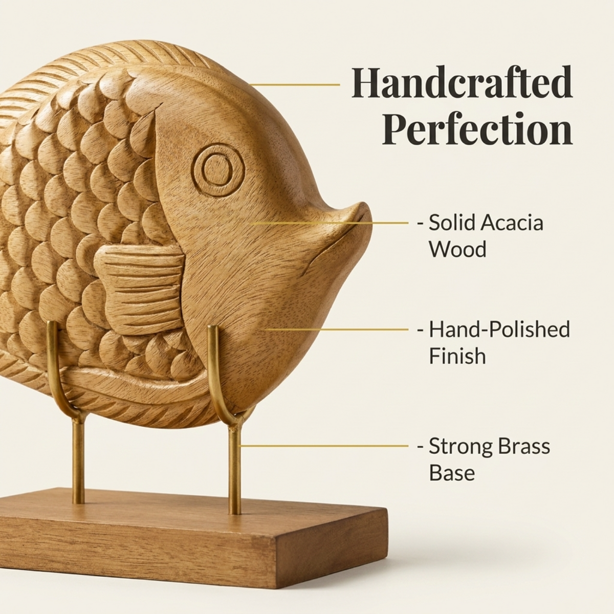 Handmade Wooden Sculpture – Hand Carved Fish Statue, Acacia Wood Decor Gift