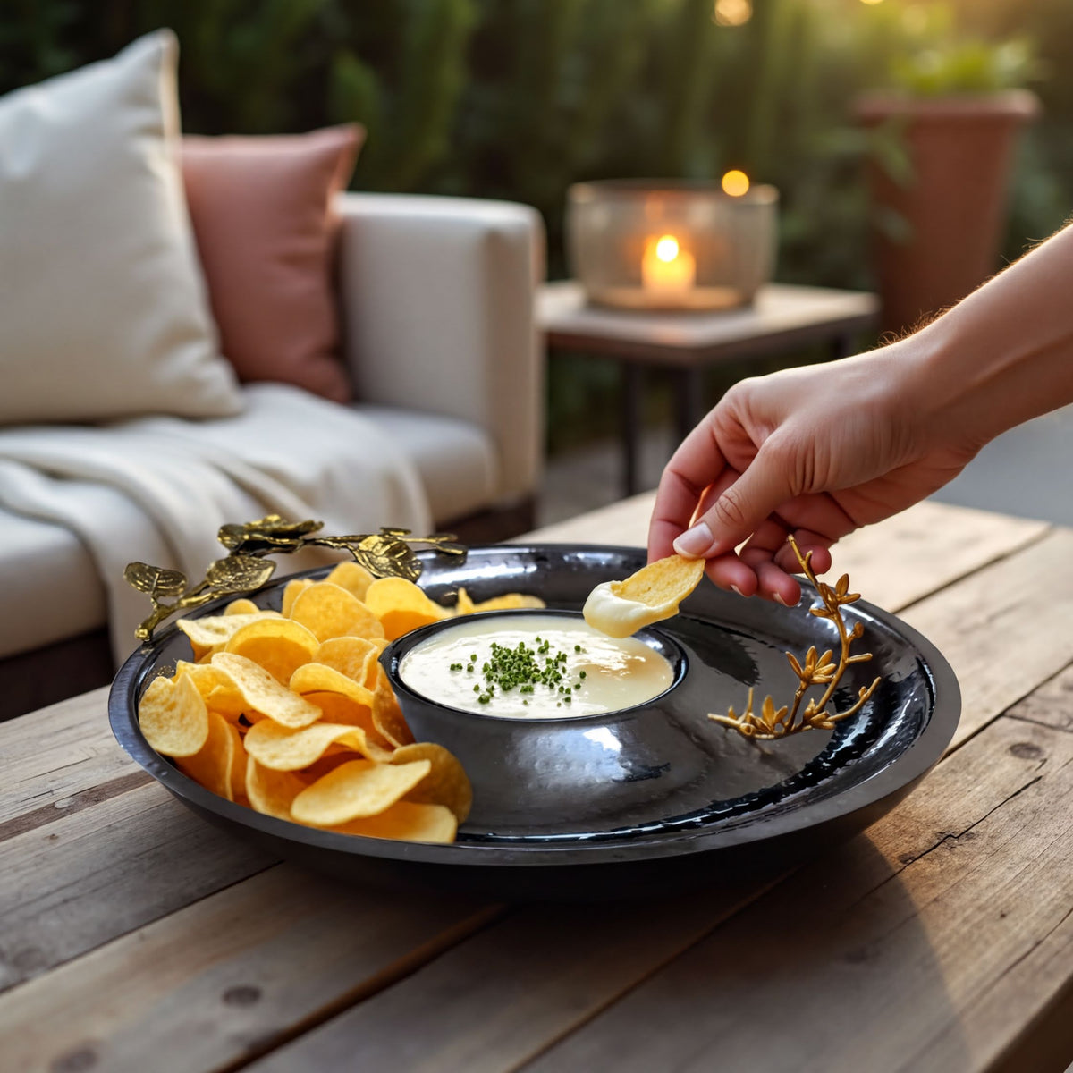 Ceramic chip and dip snack platter by 23202RLF, stylish kitchen décor with separate sections for chips and dips.