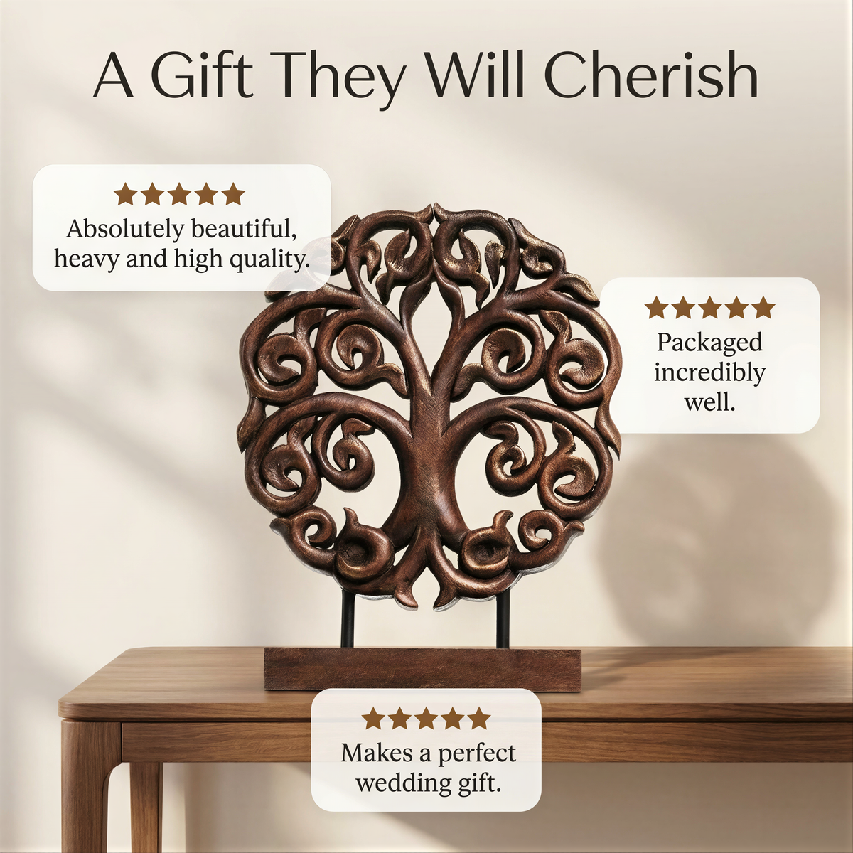 A wooden tree sculpture with intricate carvings, placed on a wooden table. The sculpture is described as " Absolutely beautiful, heavy and high quality" and "Packed incredibly well", indicating that it is a well-crafted and well-packaged gift. The image also mentions that it "Makes a perfect wedding gift."