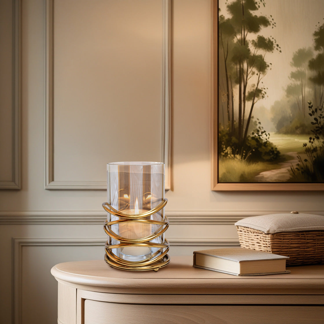 Large swirl design candle holder from 2016406, decorative metal candle holder with a unique curved pattern.