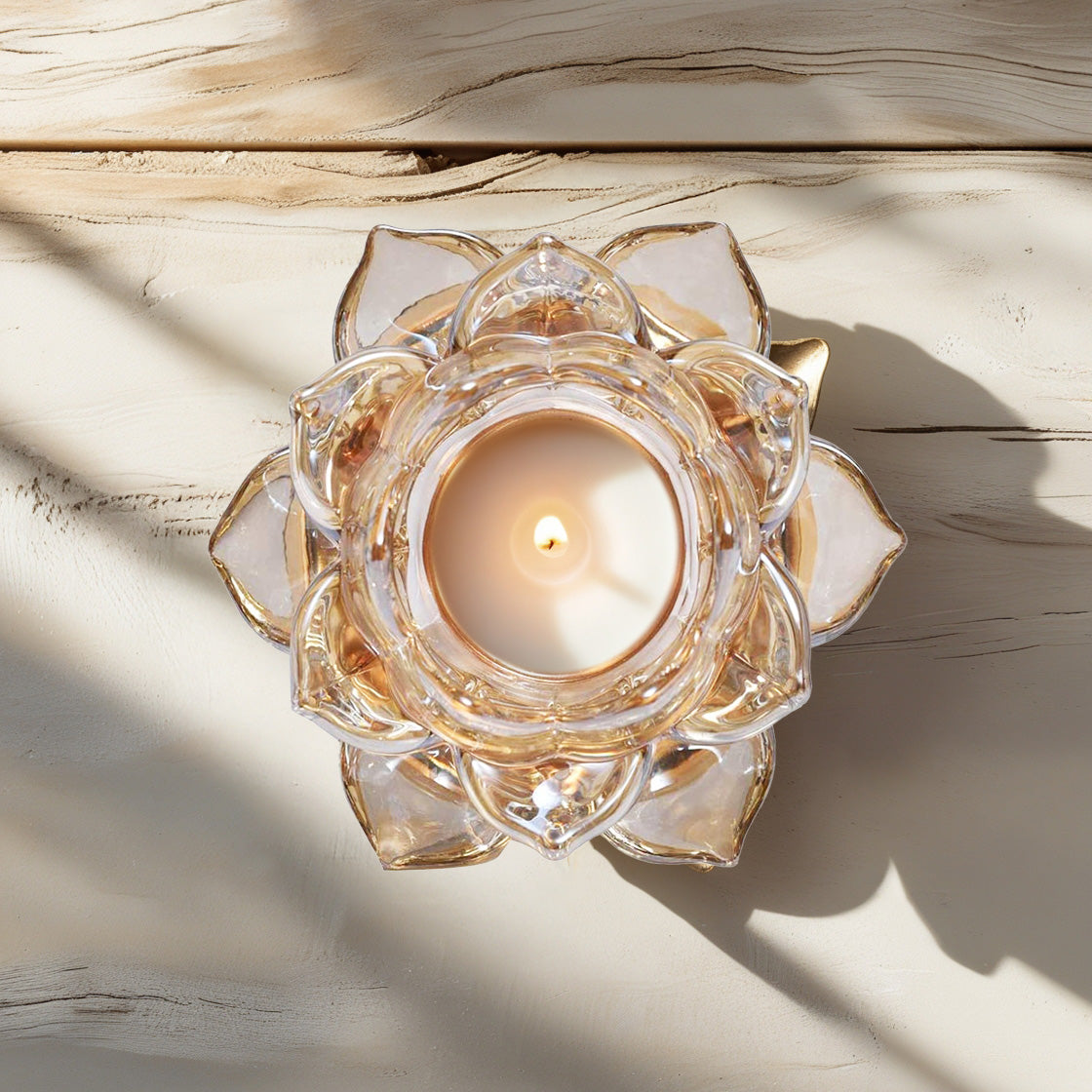 Clear glass floral tea light candle holder from 2016550C, designed for small candles with a decorative floral pattern.