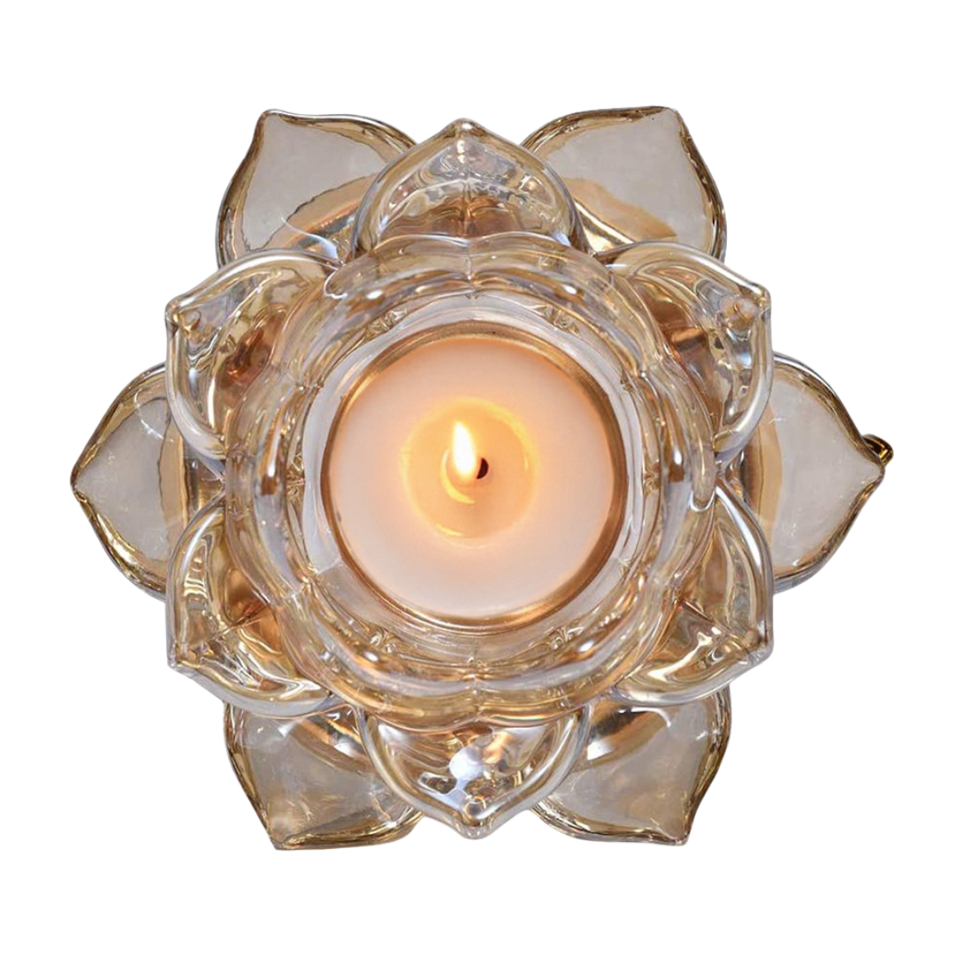 Clear glass floral tea light candle holder with intricate floral design, perfect for decorative candle display.