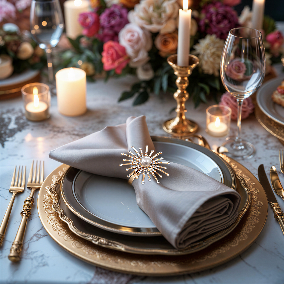 Set of four ZWZ-18-036 Golden Blossom napkin rings featuring gold floral and pearl design for elegant dining table décor.