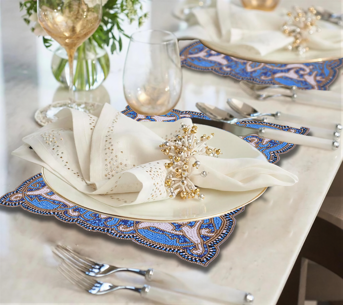 Set of 2 Azure Glow embroidered beaded placemats in blue and white, heat-resistant table decor, 12x16 inches.
