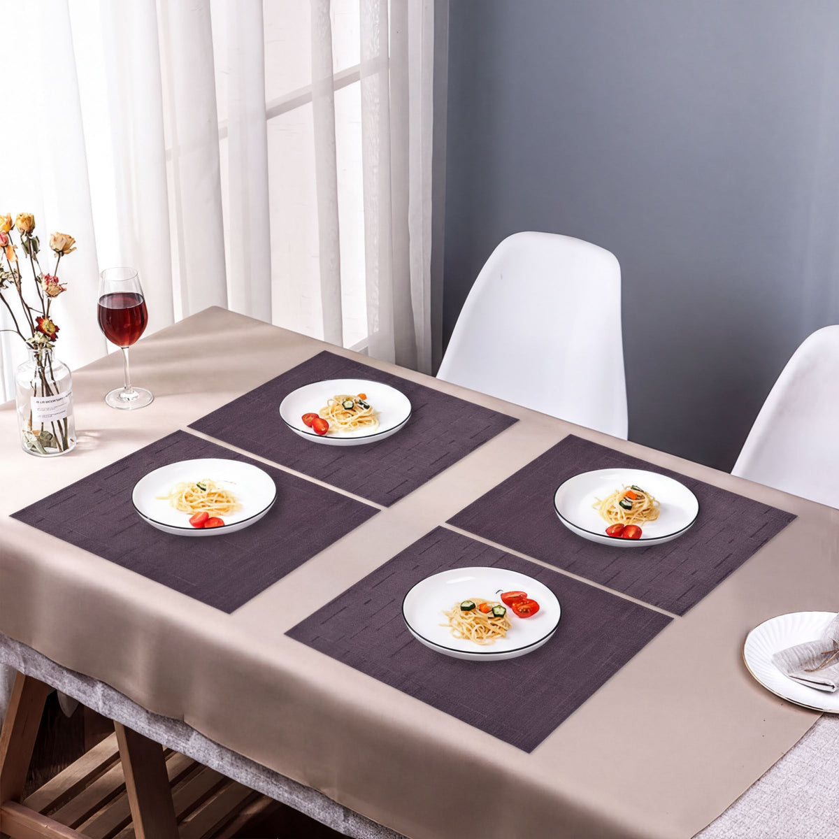 Set of four PVC placemats for dining table, durable and easy to clean, by brand 81972, perfect for protecting your table during meals.