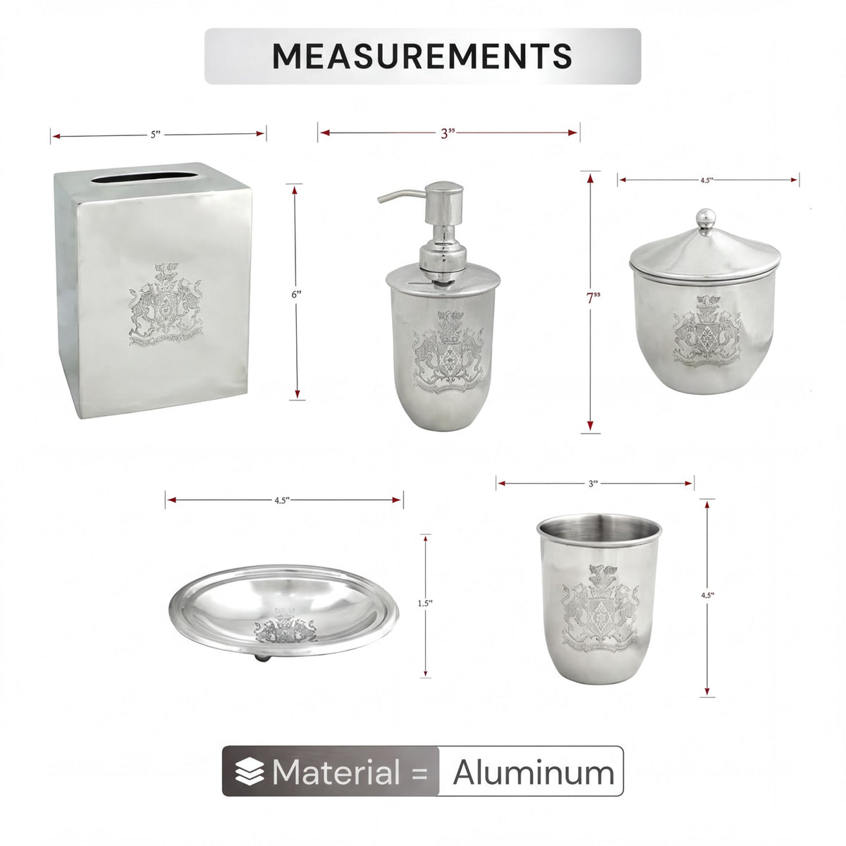 Elegant modern bathroom décor accessories set of 5 by Durkee Collection, includes matching soap dispenser, tray, and accessories.