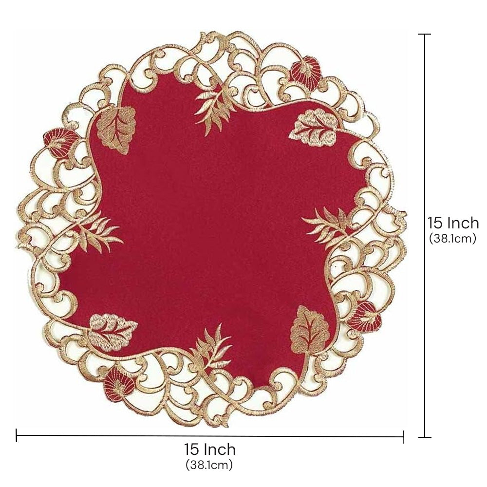 Burgundy gold table doilies from RIZ-005-DL Granada Collection, 15-inch elegant home décor, featuring intricate lace design.