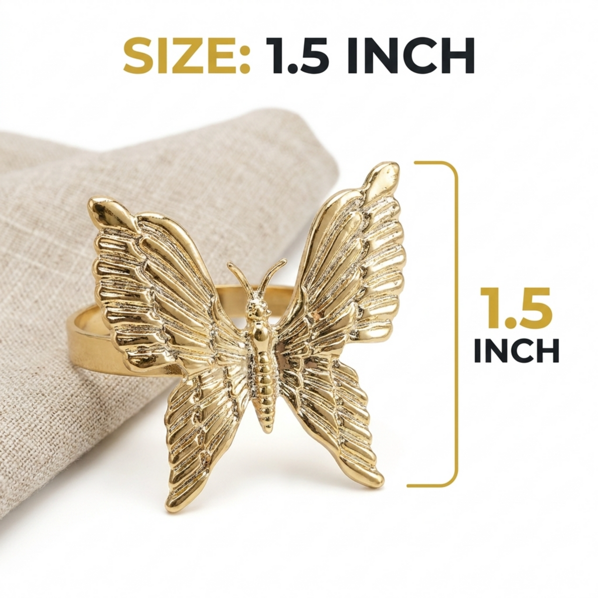 Two elegant gold butterfly napkin rings from ZWZ-19-087, decorative dining table accessories with a golden butterfly design.