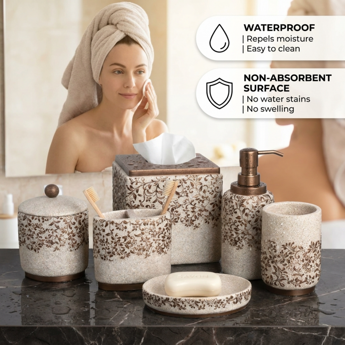 HG175 Ciccone Collection modern bathroom décor accessories set of 6, includes soap dispenser, toothbrush holder, and matching accessories.