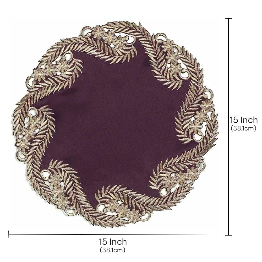 Violet Dream plum gold table doilies from RIZ-012-DL, 15-inch artistic home décor doilies with intricate patterns.