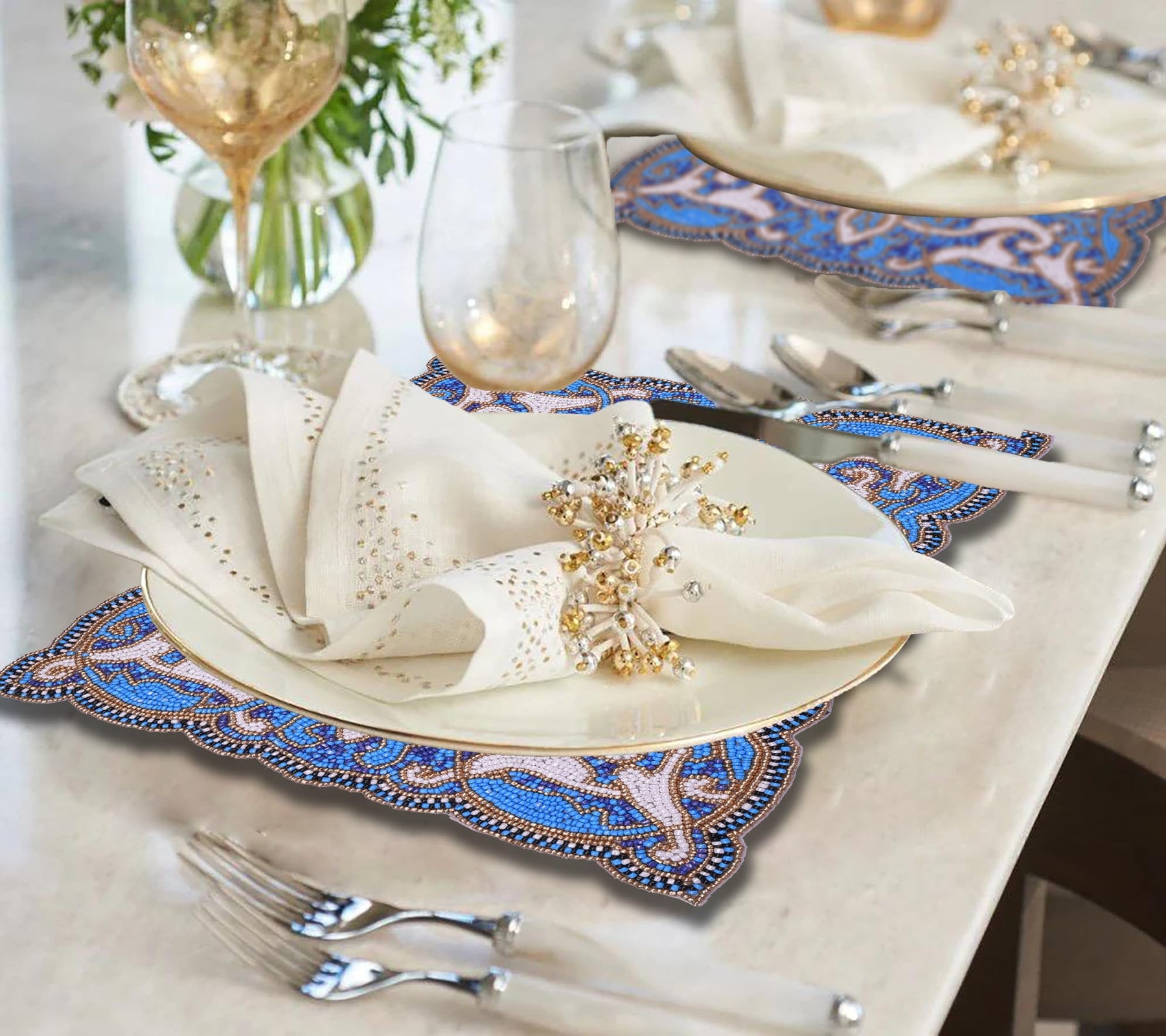 Beaded Placemats Heat-Resistant Table Mats in Blue White