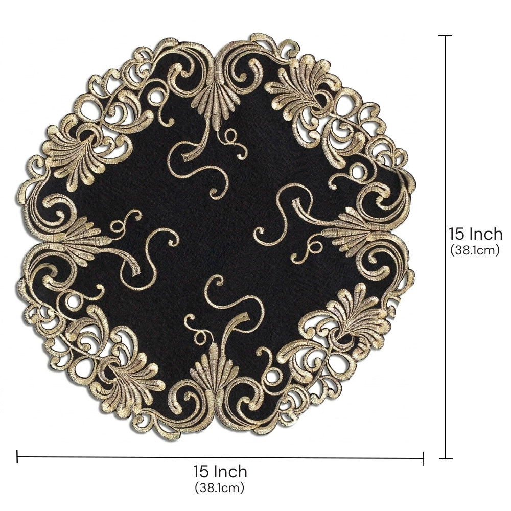Black and gold decorative table doilies from RIZ-008-DL Chantelle Collection, 15-inch gold and black lace doilies for home decor