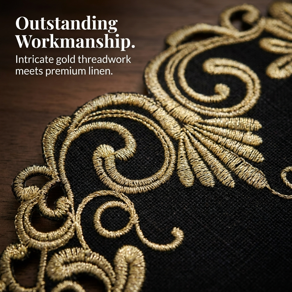 Black gold table doilies from RIZ-008-DL Chantelle Collection, decorative 15-inch doilies perfect for home accents.