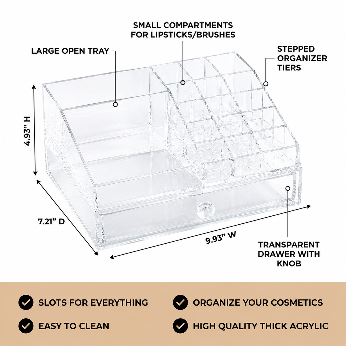 Clear Makeup Organizer - Acrylic Cosmetic Storage Box with 19 Slots & Drawer