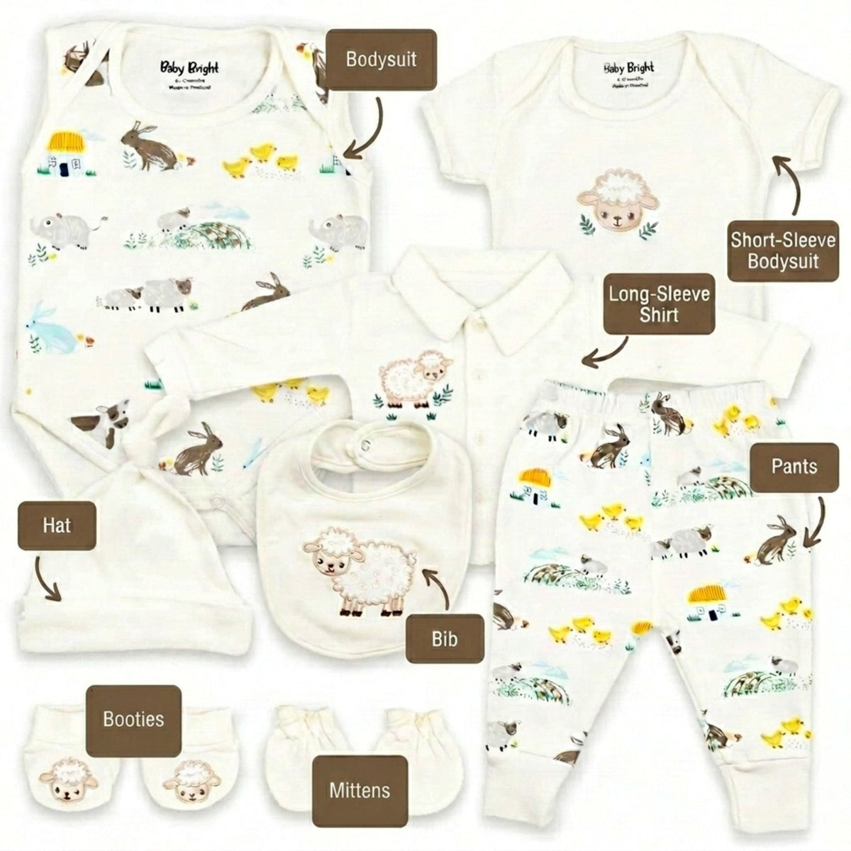 A collection of baby clothing and accessories, including a white onesie, a long-sleeve shirt, a short-sleeve shirt, a hat, a bib, mittens, and booties, all featuring a sheep and rabbit pattern.
