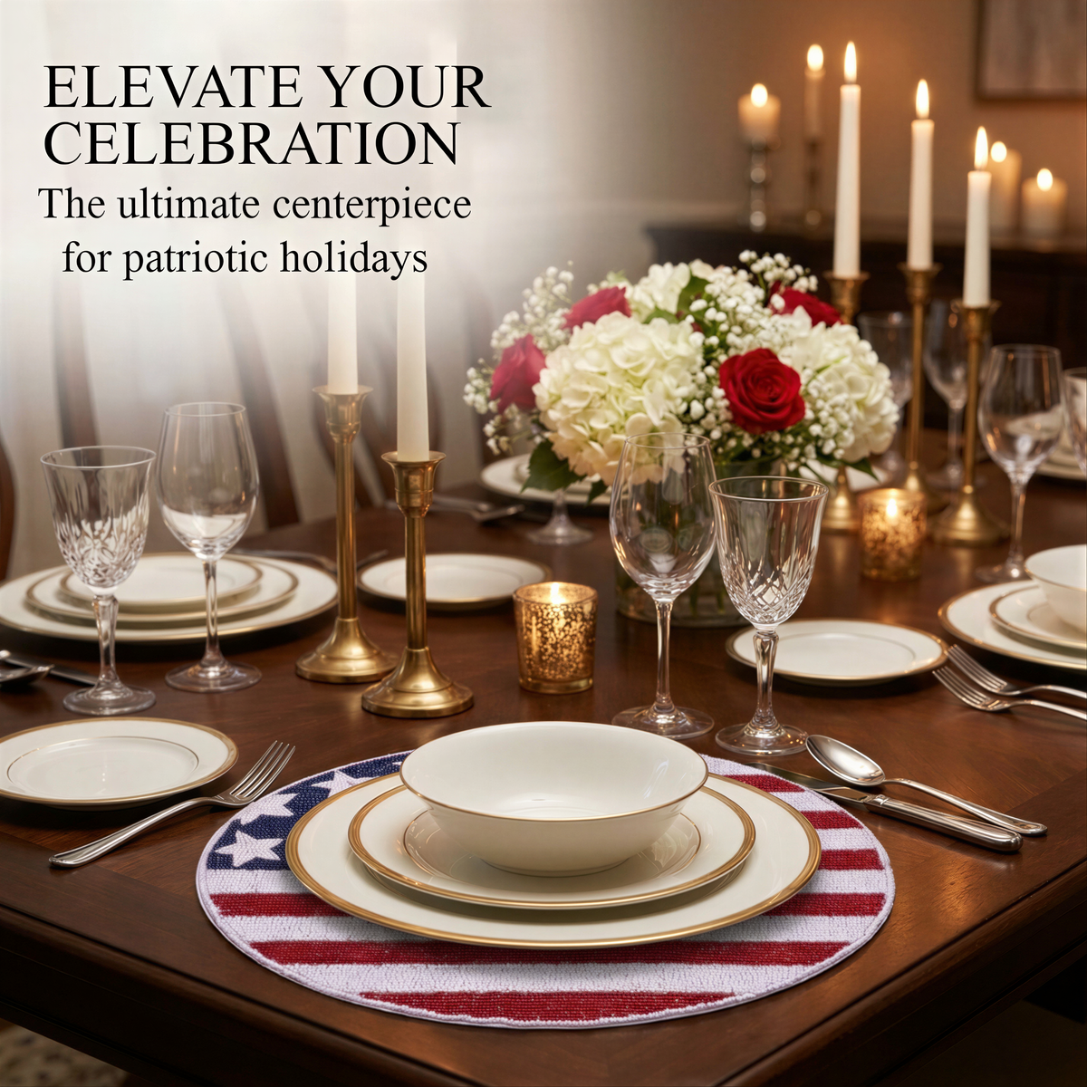 a beautifully set table for a patriotic celebration, with a centerpiece of red and white flowers and candles. The table is set with plates, silverware, and glasses, creating an elegant and festive atmosphere.