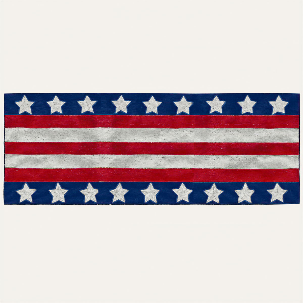 Beaded USA flag table runner by USRN1, 13x35 inches, featuring patriotic red, white, and blue beads for festive table decor.