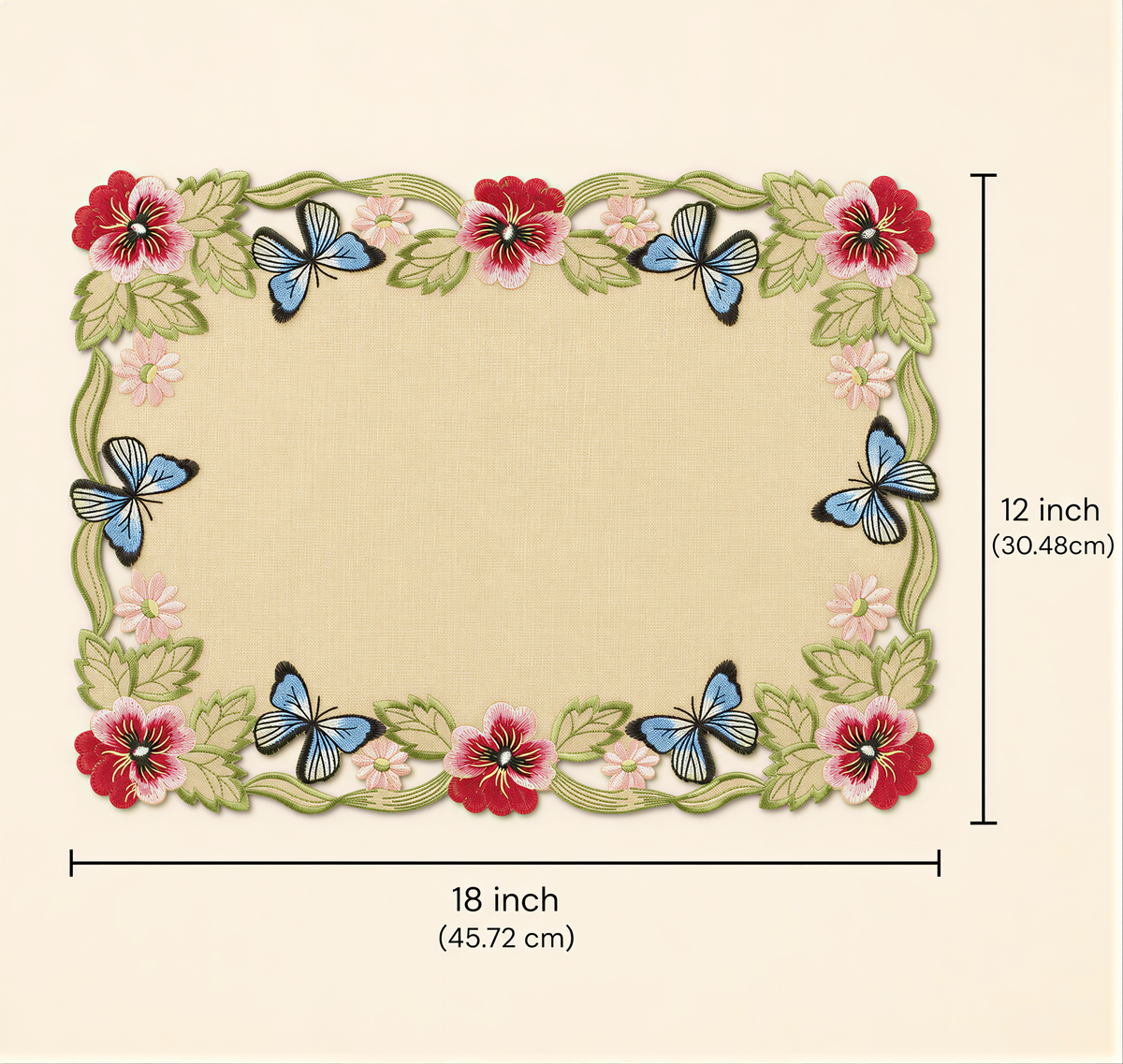 a decorative frame with a floral border and butterflies. The frame is 18 inches wide and 30.48 inches tall.