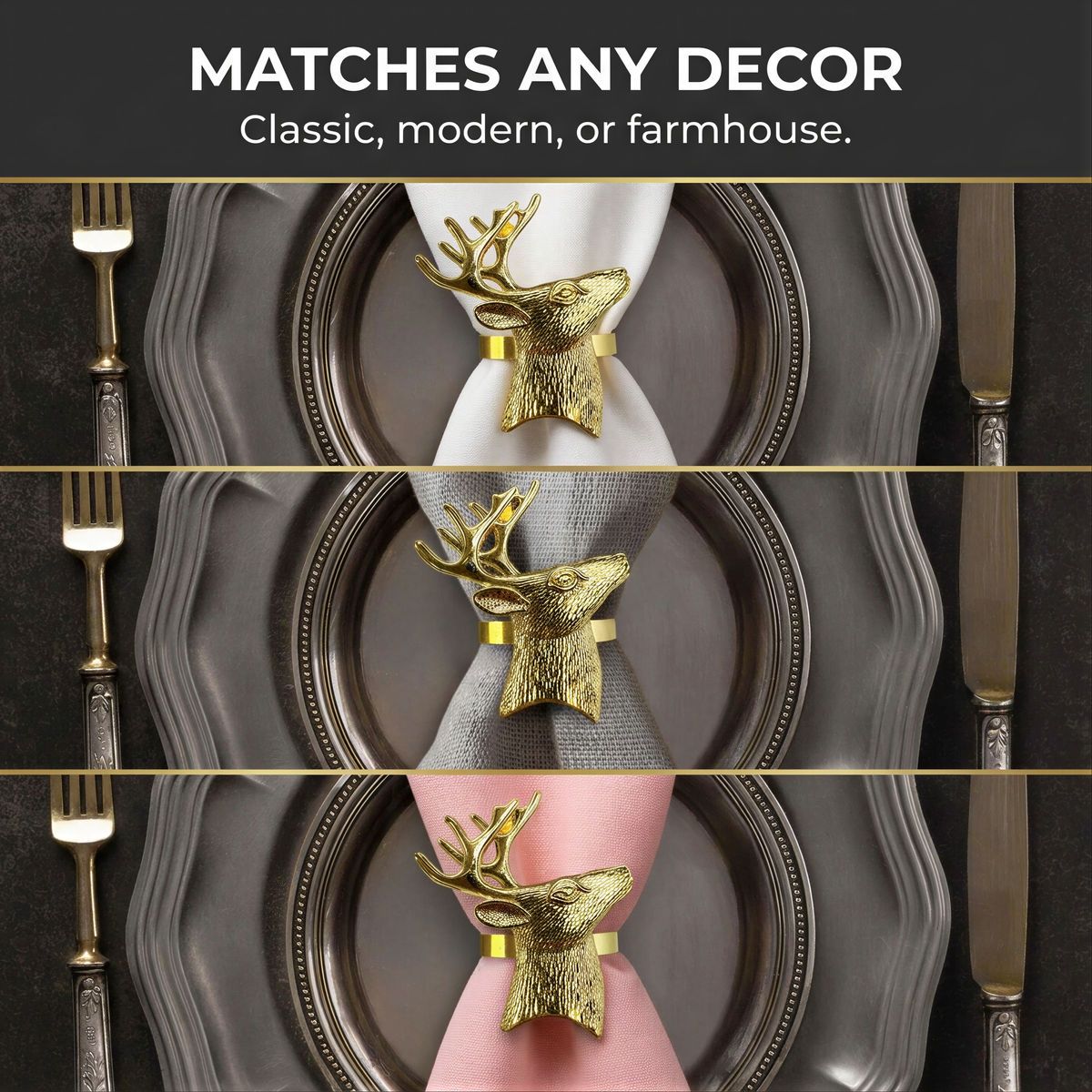 a set of three decorative napkin rings, each with a unique design and color. The napkin rings are placed on a dark background, creating a visually striking contrast. The napkin rings are arranged in a row, showcasing their intricate details and elegant appearance.