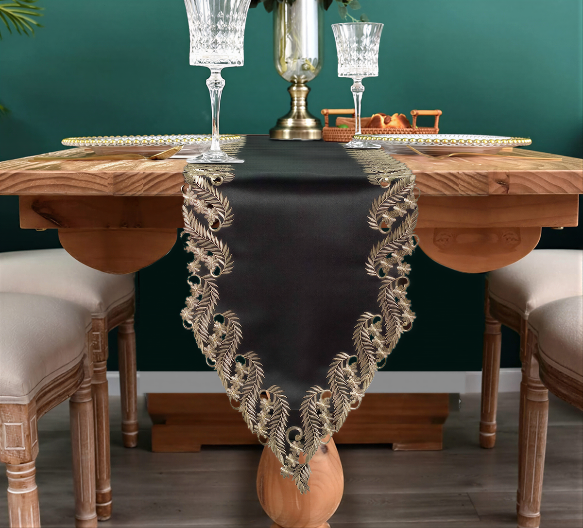 Elegant Black Gold Table Runner from the Ebony Bloom collection, decorative 14x108 inch runner on a stylish table.