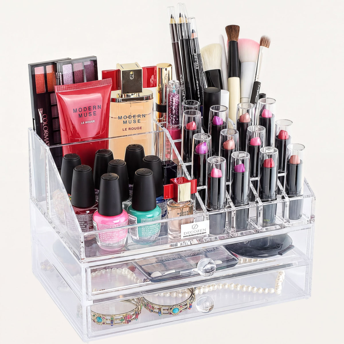 Clear F2503 makeup organizer with 19 slots and 2 drawers for storing cosmetics and beauty tools, ideal for moms.