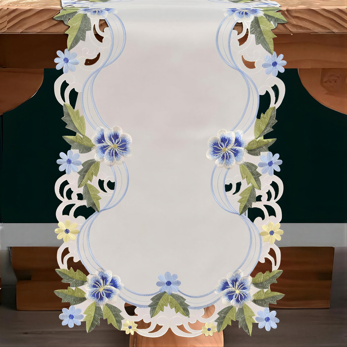 Blue and green lace white table runner with European embroidery, RIZ-RN Eternal Grace decorative table runner, 14x108 inches