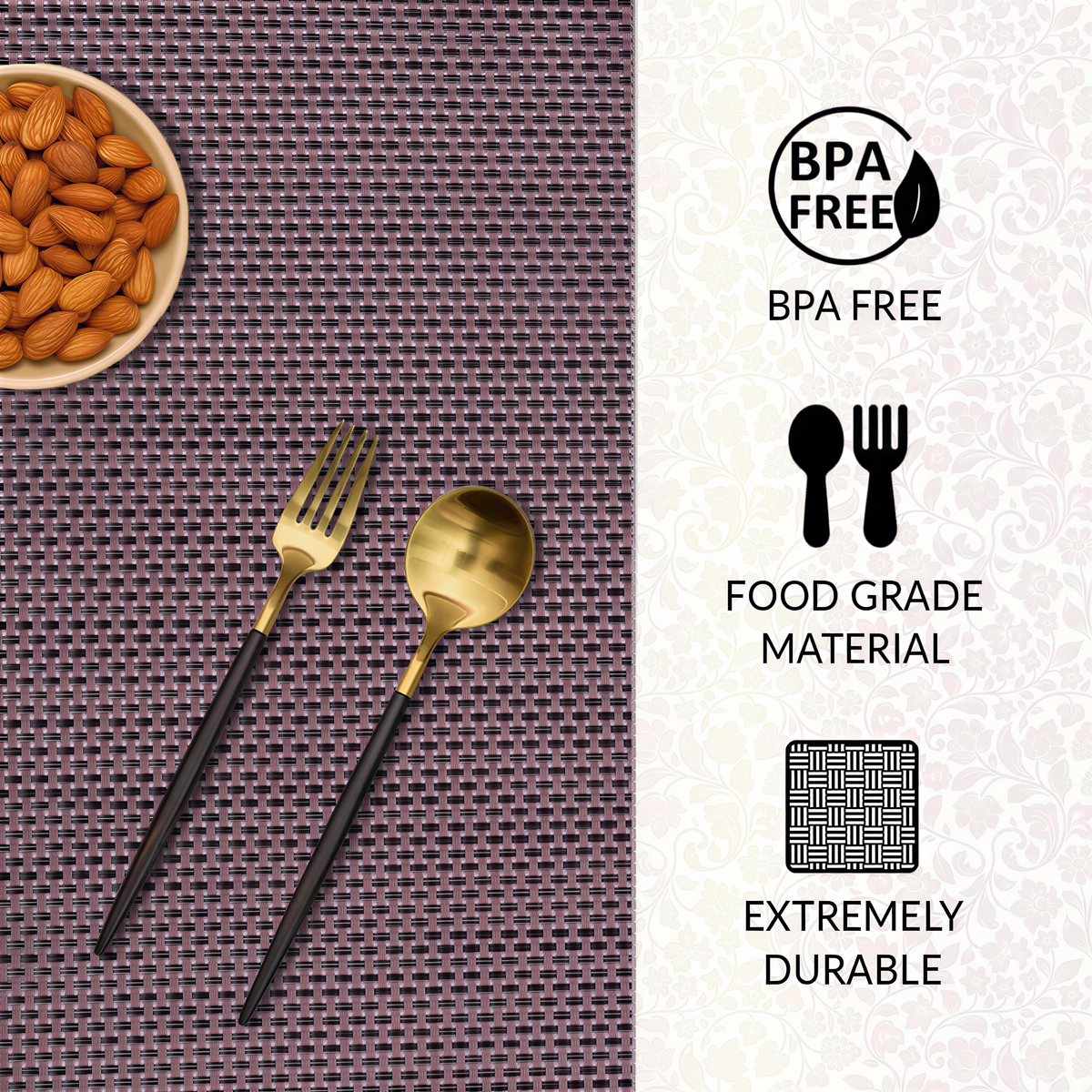 Brown PVC Decozen placemats, 18x12 inches, heat-resistant and washable table protectors for indoor and outdoor use.