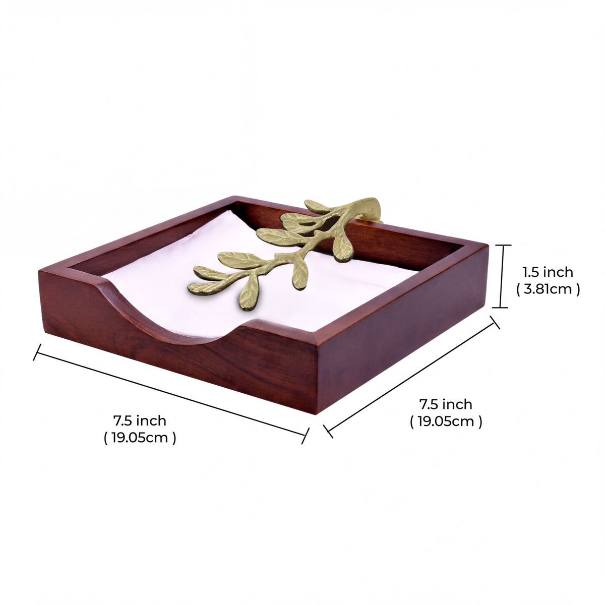 Solid wood napkin holder with gold finish ornament, stylish and functional napkin dispenser for dining or kitchen use.
