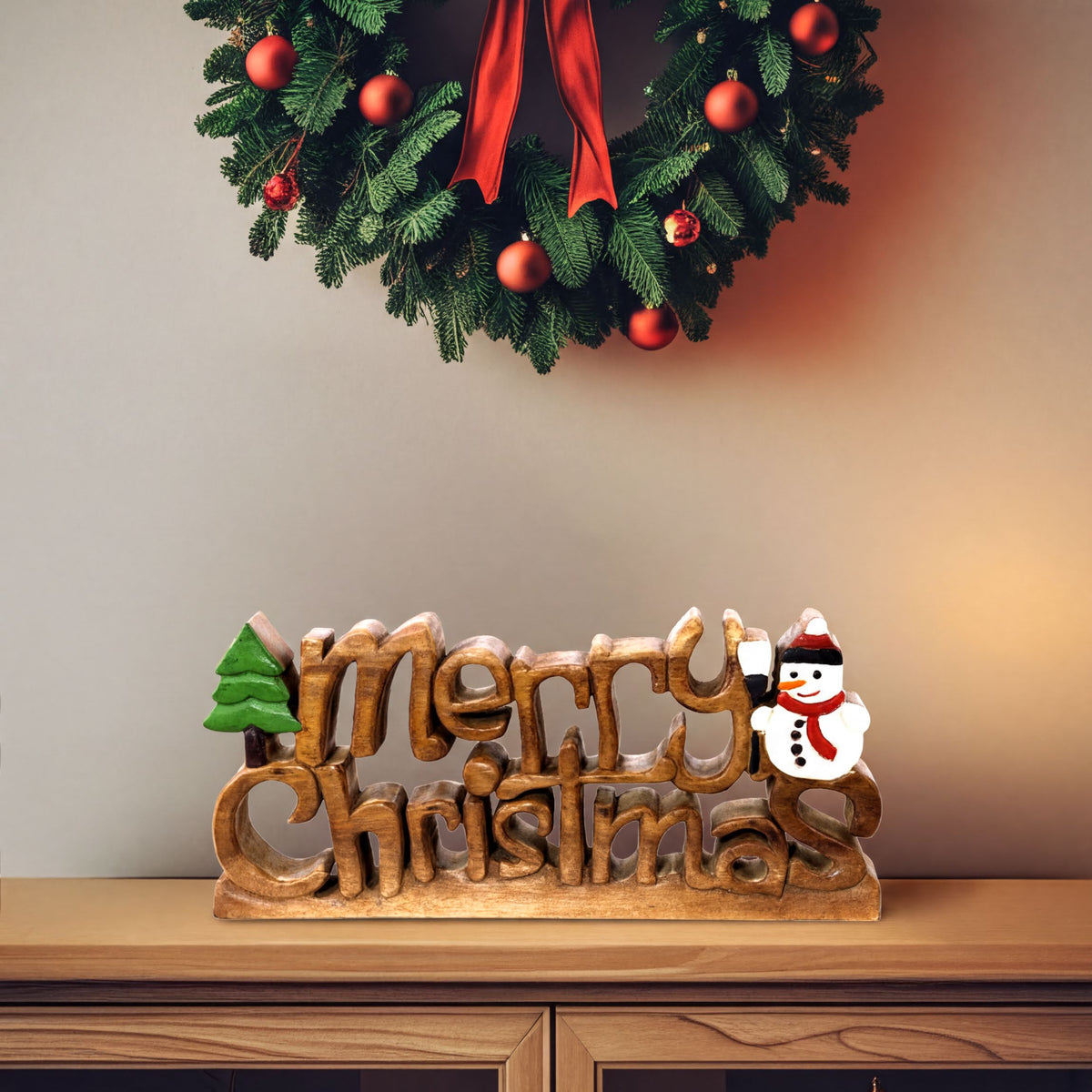 Handmade wooden Yuletide Charm sculpture, artistic Christmas home décor piece showcasing intricate craftsmanship and festive design.