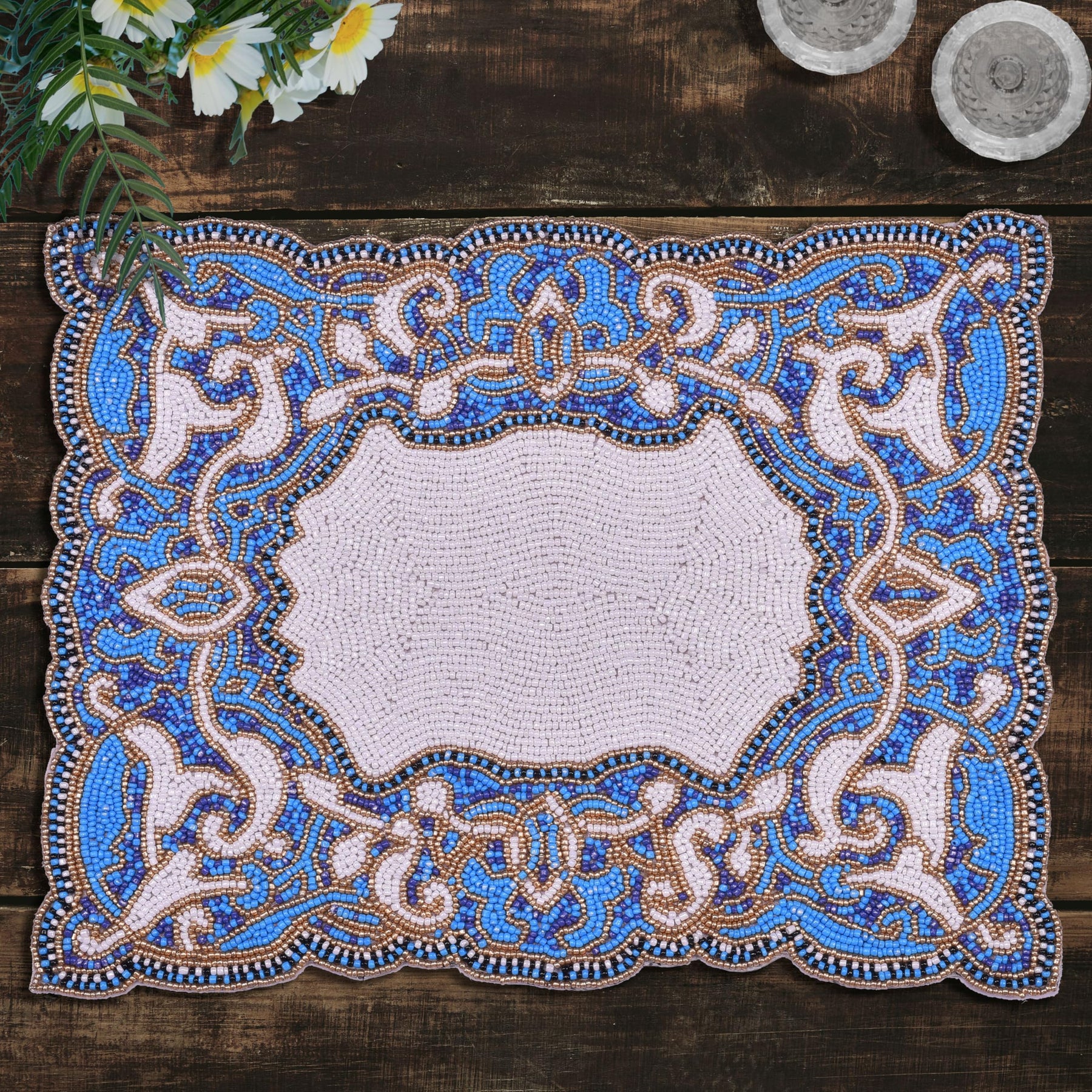 Beaded Placemats Heat-Resistant Table Mats in Blue White