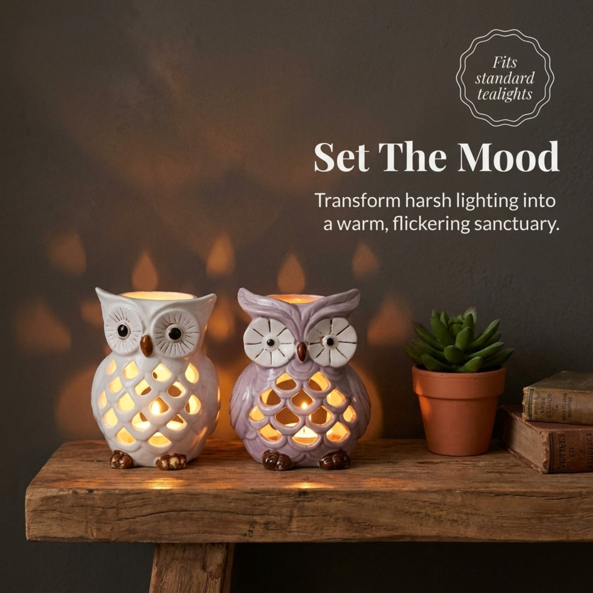 Set of two Hampton Lucky Owl tea light candle holders by CA11445-MB & CA11446-MB, featuring owl design and decorative accents.
