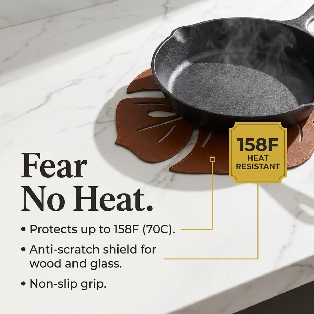Set of six Monstera leaf cut out leather placemats in brown, featuring tropical leaf design for stylish table decor.