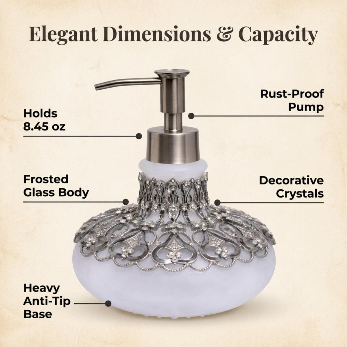 Modern LB 23736D Oriana Grace decorative bathroom lotion dispenser with a sleek design, 9 oz capacity, handmade soap dispenser.