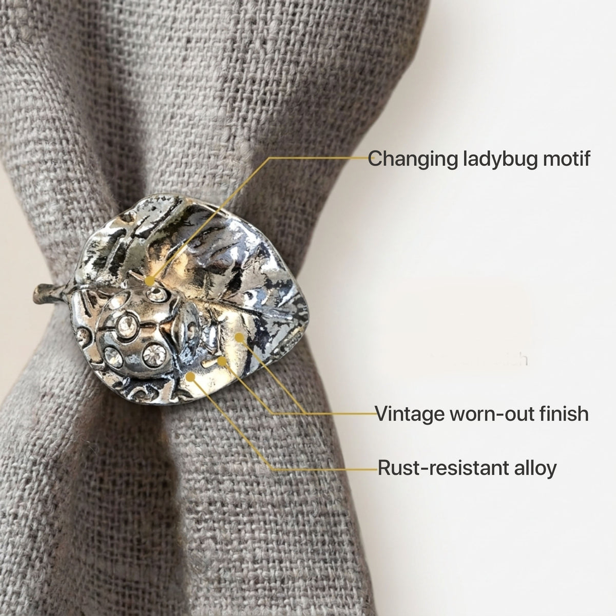 A close-up view of a decorative ladybug pin on a grey fabric, with labels indicating the pin's features.