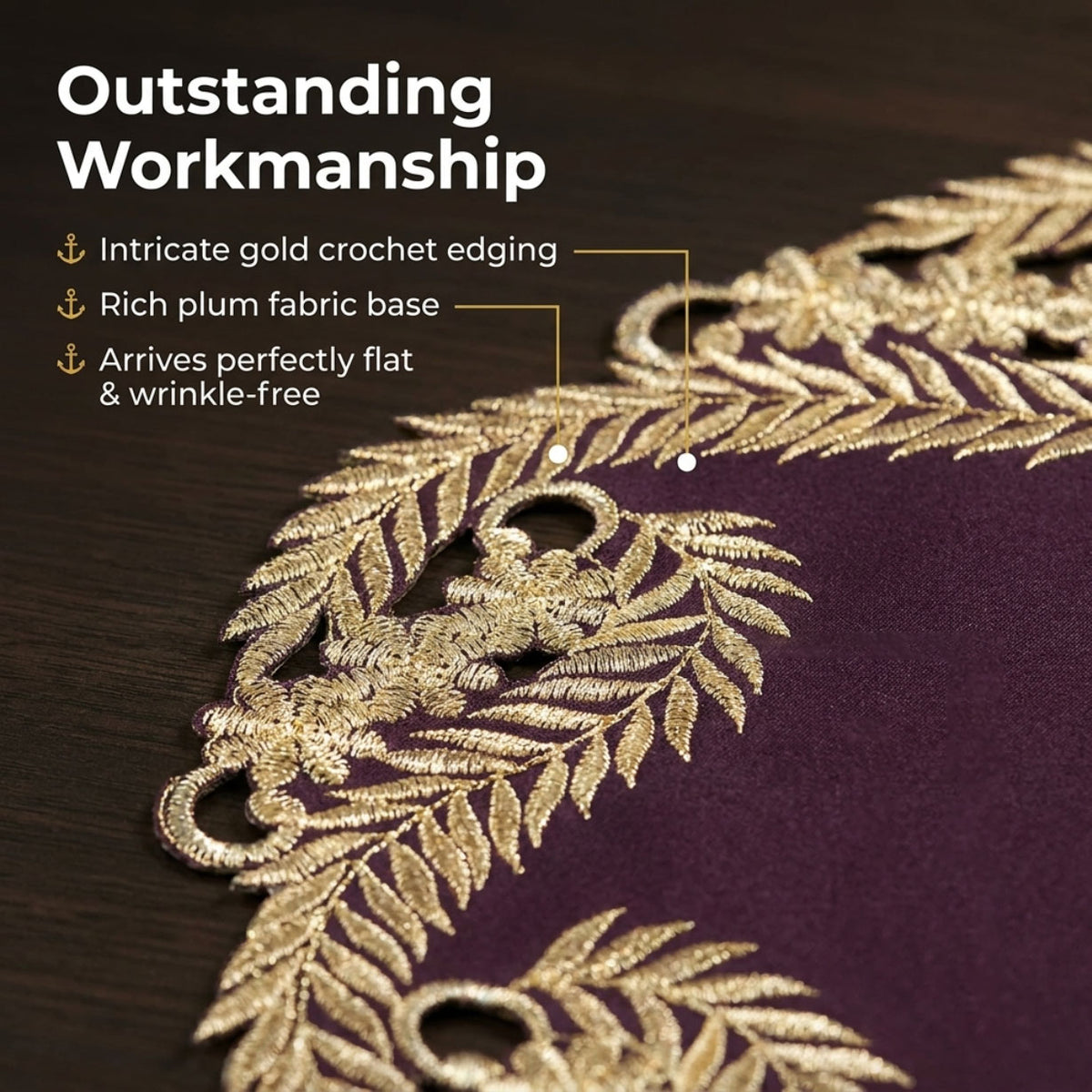 Violet Dream Plum Gold table doilies from RIZ-012-DL in the Anyce Collection, 15-inch decorative lace doilies for home table décor