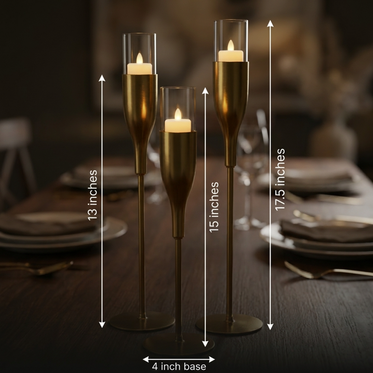 Gold Candle Holder - Wine Glass Flute Set of 3 Elegant Indoor Decor