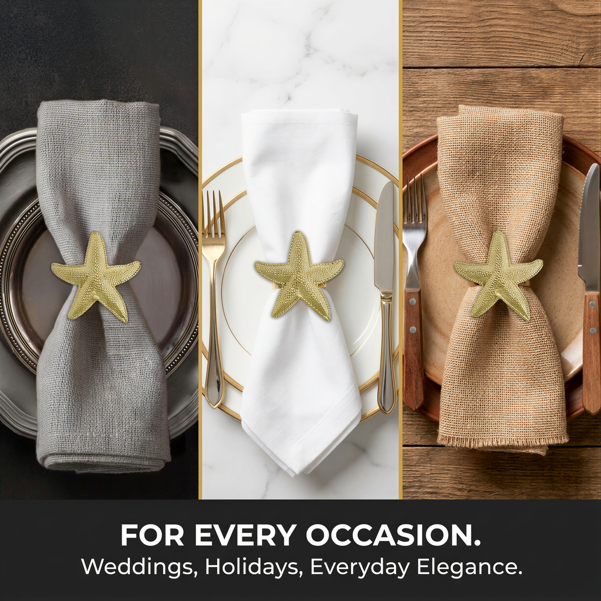 The image is a collage of three photos showing different napkin ring designs with starfish decorations, placed on a table with plates and cutlery.