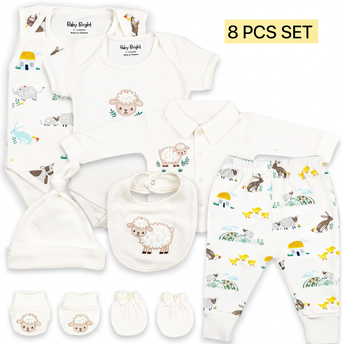 A set of baby clothing and accessories, including a onesie, pants, a bib, and socks, all featuring animal prints and a farm theme.